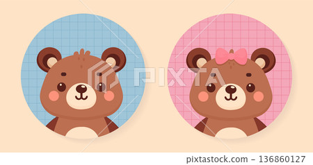 Cute teddy bear couple boy and girl portraits vector illustration. 136860127