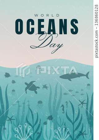 World Oceans Day poster with underwater wildlife silhouettes vector illustration. 136860128