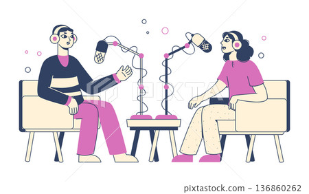 Audio podcast recording characters. Cartoon live broadcast record, social network collaboration, interview or talk show flat vector illustration. Audio podcast recording concept Audio podcast recording characters. Cartoon live broadcast record, social network collaboration, interview or talk show flat vector illustration. Audio podcast recording concept 136860262