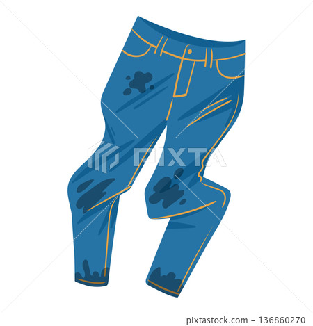 Dirty jeans. Wrinkled stained clothes, laundry apparel flat vector illustration. Stained dirty pants isolated on white background 136860270