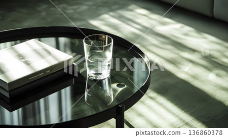 black coffee table with a glass of water and two books on it. a ray of sunlight shines through the window onto the tabletop in an elegant, dark room 136860378