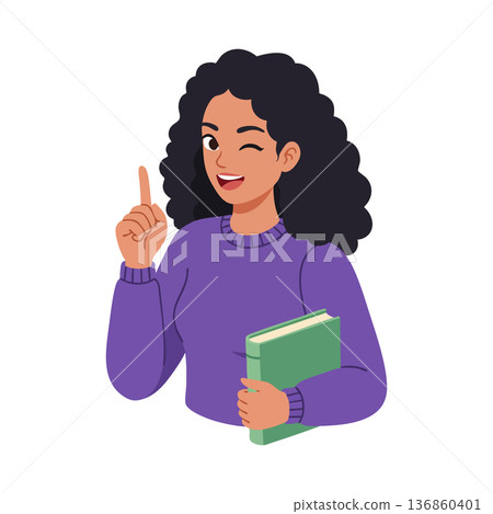 Woman with curly hair holding book and pointing finger up in purple sweater vector illustration 136860401