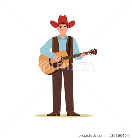 Cowboy man playing acoustic guitar wearing red hat brown vest and boots vector illustration Cowboy man playing acoustic guitar wearing red hat brown vest and boots vector illustration 136860404