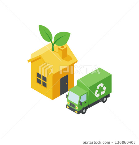 Eco friendly concept with green recycling truck and yellow house with leaf on chimney vector illustration Eco friendly concept with green recycling truck and yellow house with leaf on chimney vector illustration 136860405
