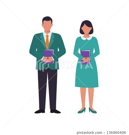 Businessman and businesswoman standing with books in formal attire professional office characters vector illustration Businessman and businesswoman standing with books in formal attire professional office characters vector illustration 136860406