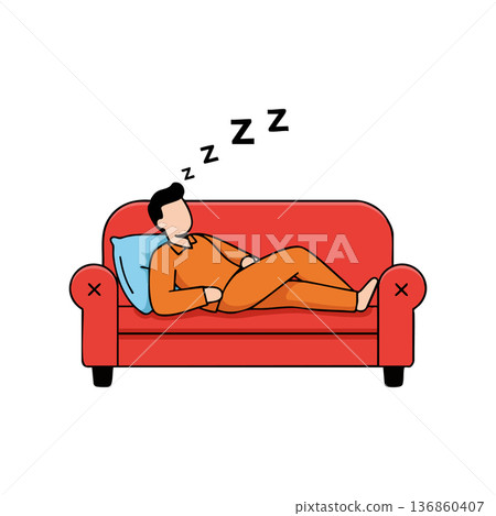 Man sleeping on red sofa resting peacefully with blue pillow in casual orange outfit vector illustration 136860407