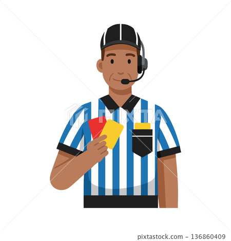 Soccer referee holding red and yellow cards with headset in striped uniform vector illustration 136860409