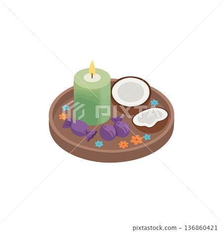 Green candle with candy and coconut on wooden tray for relaxation and spa therapy vector illustration 136860421