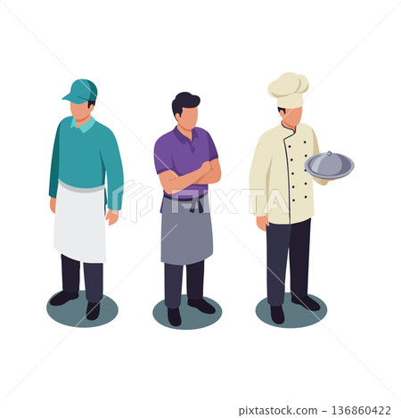 Group of professional male chefs and cooks wearing uniforms and aprons in restaurant kitchen environment 136860422