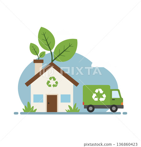 Eco Friendly House with Recycling Symbol and Green Truck Representing Environmental Sustainability and Waste Management Concepts 136860423