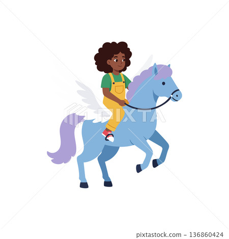 Child riding blue winged horse fantasy magical creature with wings vector illustration 136860424
