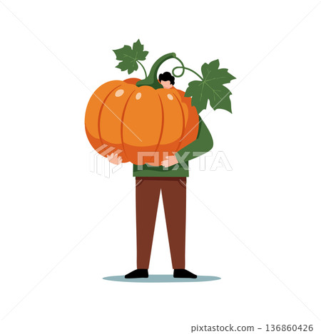 Man holding large bright orange pumpkin with green leaves and stem autumn harvest vector illustration 136860426