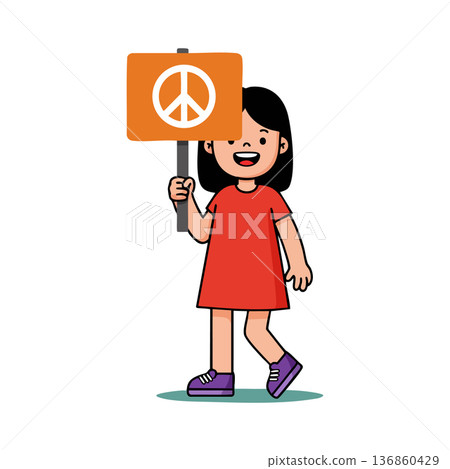 Girl holding peace sign placard walking smiling simple cartoon vector illustration 136860429