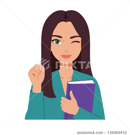Young woman winking holding purple book in teal shirt with confident expression vector illustration Young woman winking holding purple book in teal shirt with confident expression vector illustration 136860432