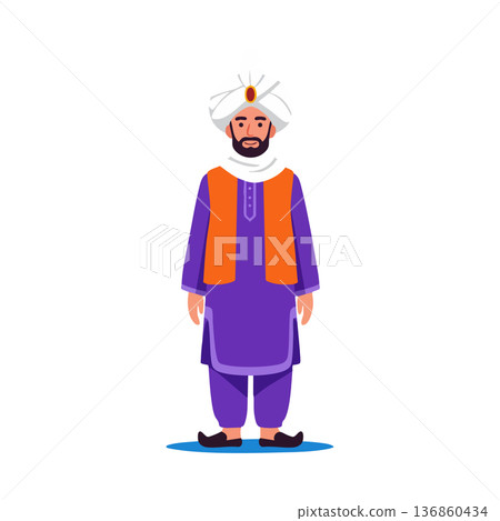 Man wearing traditional Middle Eastern clothing with turban and orange vest vector illustration 136860434