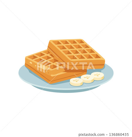 Waffles with banana slices on plate breakfast food dessert vector illustration Waffles with banana slices on plate breakfast food dessert vector illustration 136860435