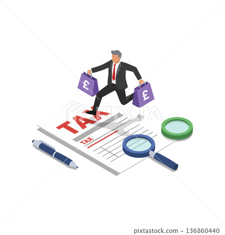 Businessman carrying money bags jumping over tax documents with magnifying glasses and pen vector illustration Businessman carrying money bags jumping over tax documents with magnifying glasses and pen vector illustration 136860440