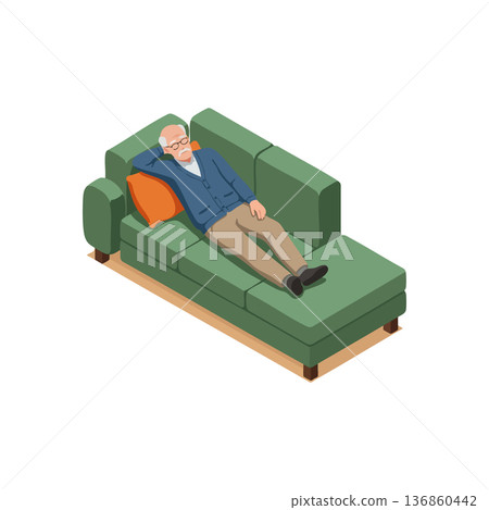 Elderly man relaxing on green sofa with orange pillow vector illustration in home living room scene Elderly man relaxing on green sofa with orange pillow vector illustration in home living room scene 136860442