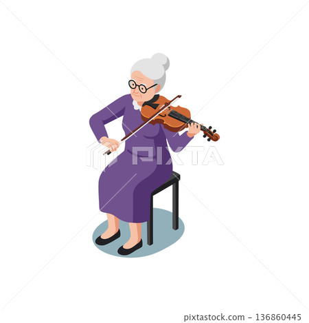 Elderly woman playing violin sitting on chair in purple dress with glasses vector illustration 136860445