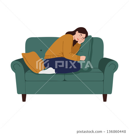 Woman resting peacefully asleep on green sofa wearing brown sweater and blue pants in cozy home environment Woman resting peacefully asleep on green sofa wearing brown sweater and blue pants in cozy home environment 136860448