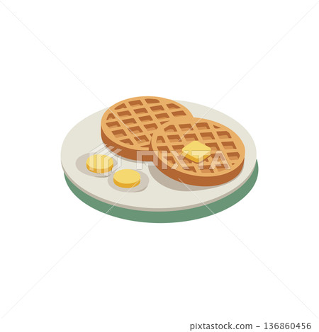 Waffles with Butter and Syrup on Plate Vector Illustration for Breakfast Food Concept 136860456