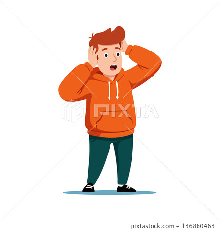 Young man in orange hoodie expressing shock or surprise with hands on head vector illustration 136860463