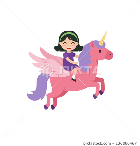 Girl riding pink winged unicorn with purple mane and golden horn vector illustration of fantasy creature and happy child Girl riding pink winged unicorn with purple mane and golden horn vector illustration of fantasy creature and happy child 136860467