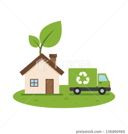 Eco friendly house with green leaf and recycling truck vector illustration promoting sustainable living and environmental care 136860468