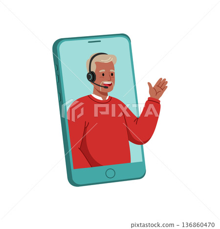 Senior man with headset waving greeting on smartphone screen vector illustration for online communication and virtual connection Senior man with headset waving greeting on smartphone screen vector illustration for online communication and virtual connection 136860470