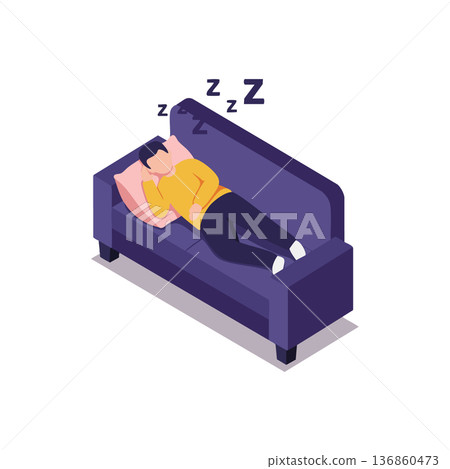 Man sleeping on purple couch resting peacefully with pillow and casual clothing vector illustration 136860473