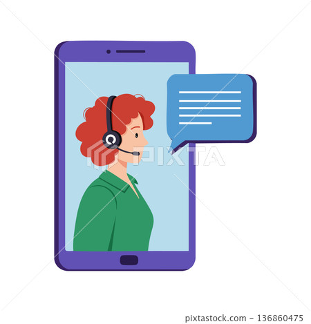 Female customer service representative with headset on smartphone screen providing online support and communication vector illustration Female customer service representative with headset on smartphone screen providing online support and communication vector illustration 136860475