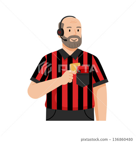 Referee with headset holding yellow card in black and red striped shirt vector illustration Referee with headset holding yellow card in black and red striped shirt vector illustration 136860480