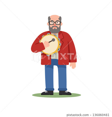 Elderly man playing tambourine standing on grass wearing red jacket and blue jeans vector illustration Elderly man playing tambourine standing on grass wearing red jacket and blue jeans vector illustration 136860481
