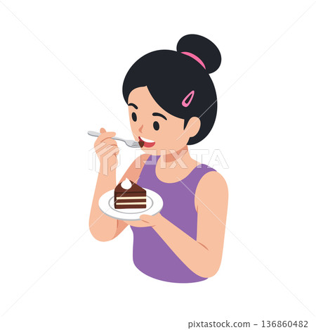 Girl eating chocolate cake with spoon enjoying dessert sweet moment vector illustration Girl eating chocolate cake with spoon enjoying dessert sweet moment vector illustration 136860482