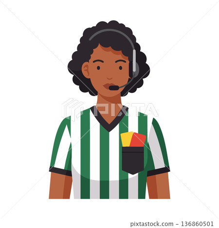 African American female soccer referee wearing headset and striped jersey with cards in pocket vector illustration African American female soccer referee wearing headset and striped jersey with cards in pocket vector illustration 136860501