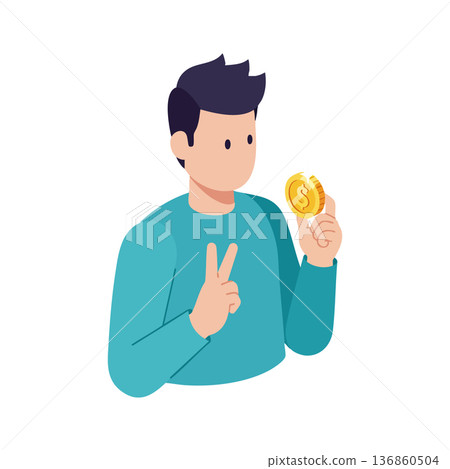 Young man holding cryptocurrency coin showing peace sign in casual teal sweater modern vector illustration 136860504