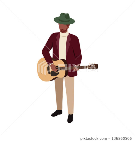 Man playing acoustic guitar wearing green hat and burgundy jacket in casual style vector illustration Man playing acoustic guitar wearing green hat and burgundy jacket in casual style vector illustration 136860506
