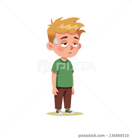 Tired young boy with sweat drop standing in green shirt and brown pants looking exhausted vector illustration Tired young boy with sweat drop standing in green shirt and brown pants looking exhausted vector illustration 136860510