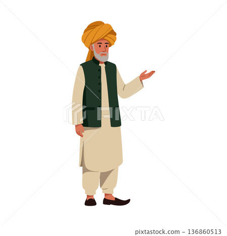 Elderly man wearing traditional turban and ethnic clothing standing with hand raised vector illustration Elderly man wearing traditional turban and ethnic clothing standing with hand raised vector illustration 136860513