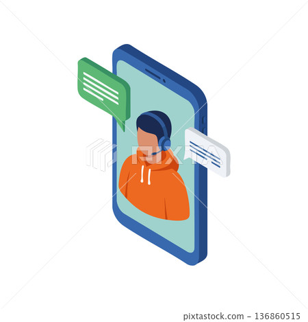 Customer support representative on smartphone screen with headset and chat bubbles vector illustration for online communication and helpdesk services Customer support representative on smartphone screen with headset and chat bubbles vector illustration for online communication and helpdesk services 136860515