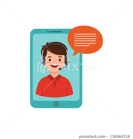 Male Call Center Agent Providing Customer Support Through Mobile Phone with Headset and Speech Bubble Vector Illustration Male Call Center Agent Providing Customer Support Through Mobile Phone with Headset and Speech Bubble Vector Illustration 136860516