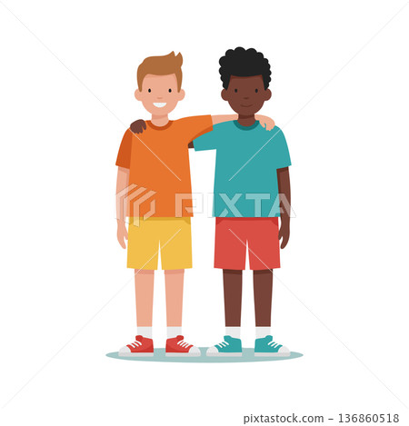 Two Boys Friendship Standing Together Smiling and Hugging with Casual Summer Clothes and Sneakers Vector Illustration 136860518