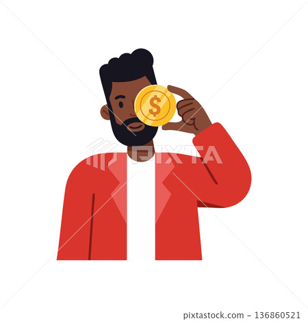 Man holding golden coin with dollar sign symbolizing finance and investment concept in red jacket vector illustration 136860521
