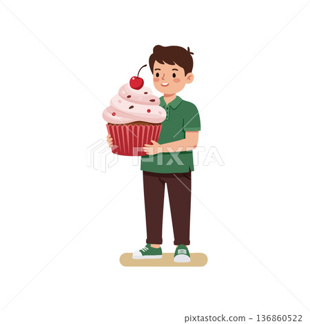 Boy holding giant cupcake with cherry on top smiling happily in green shirt and brown pants vector illustration Boy holding giant cupcake with cherry on top smiling happily in green shirt and brown pants vector illustration 136860522