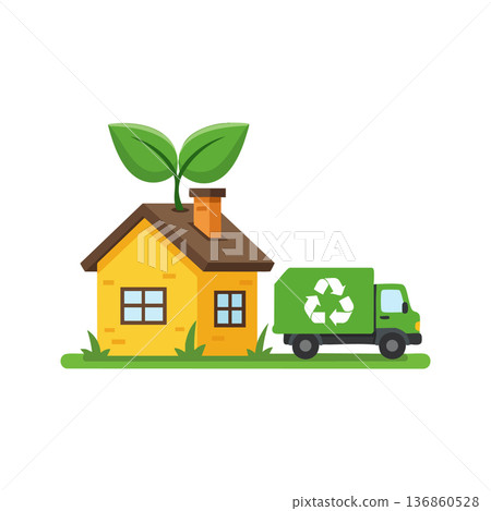 Eco friendly house with green leaves and recycling truck promoting sustainable environment and clean living concept vector illustration Eco friendly house with green leaves and recycling truck promoting sustainable environment and clean living concept vector illustration 136860528
