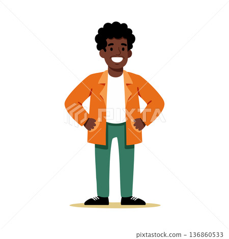 Smiling young black man standing confidently in orange jacket and green pants casual style vector illustration Smiling young black man standing confidently in orange jacket and green pants casual style vector illustration 136860533