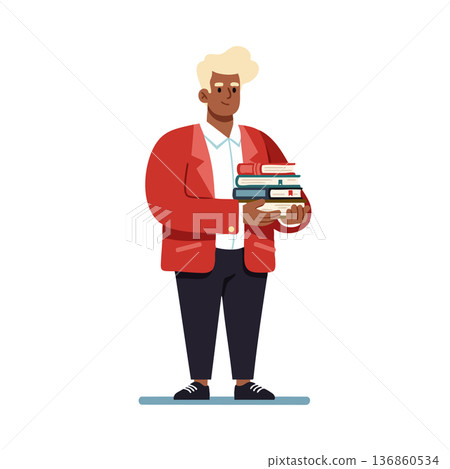 Man holding stack of books wearing red jacket and black pants vector illustration educational concept 136860534