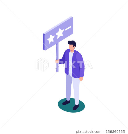 Man holding rating sign with stars and minus symbol in purple jacket and white pants vector illustration Man holding rating sign with stars and minus symbol in purple jacket and white pants vector illustration 136860535