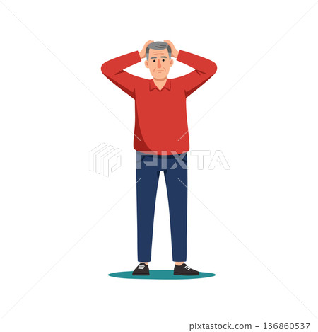 Elderly man standing worried with hands on head expressing stress and anxiety vector illustration Elderly man standing worried with hands on head expressing stress and anxiety vector illustration 136860537