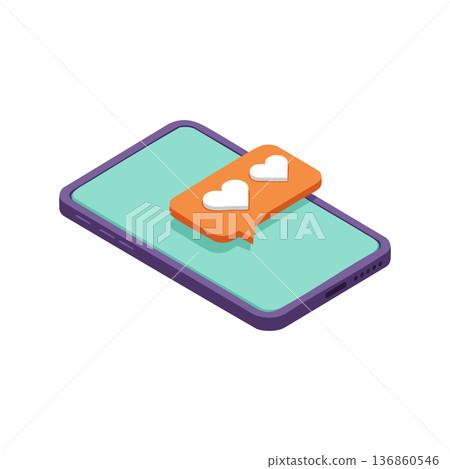 Smartphone with social media notification hearts icon in 3D isometric vector design for communication and digital interaction concepts 136860546